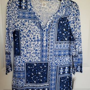 Rebecca Malone 3/4 sleeve henley blue patchwork top